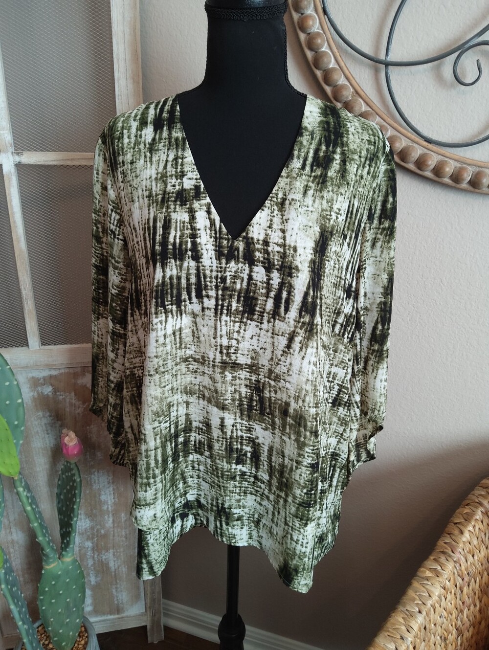 Karen Kane Olive and Cream Abstract V-Neck Tunic